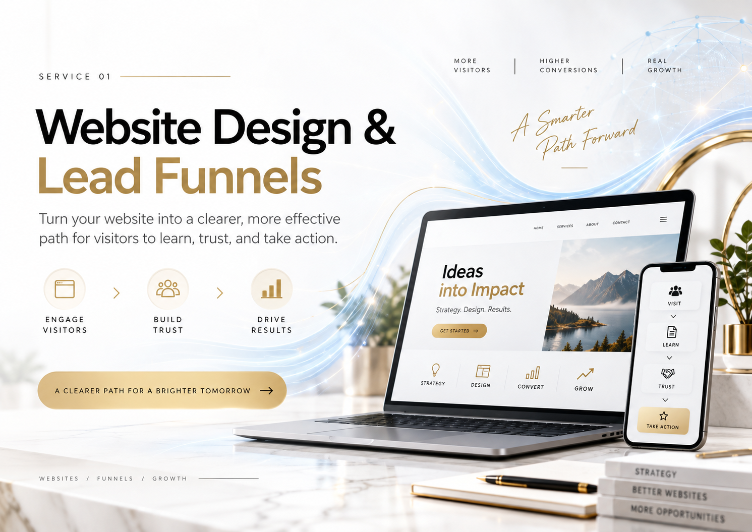 Illustration of website design and lead funnels, showing a laptop, phone, and a visitor-to-customer journey.