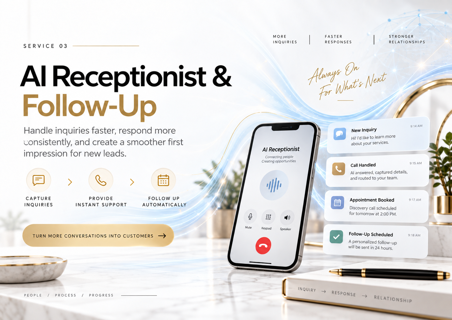 Illustration of an AI receptionist concept with sample enquiry, call, booking, and follow-up messages.